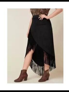 Black Fringe Wrap Midi Skirt